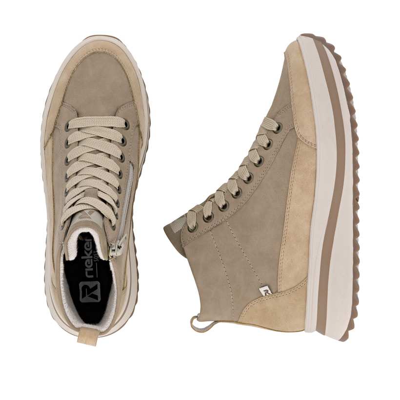 Beige Rieker Damen Schnürstiefel W3871-60 mit einem Reißverschluss. Schuh von oben, liegend.