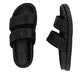 Schwarze vegane Rieker Damen Pantoletten W1451-01 mit einer ultraleichten Sohle. Schuh von oben, liegend.