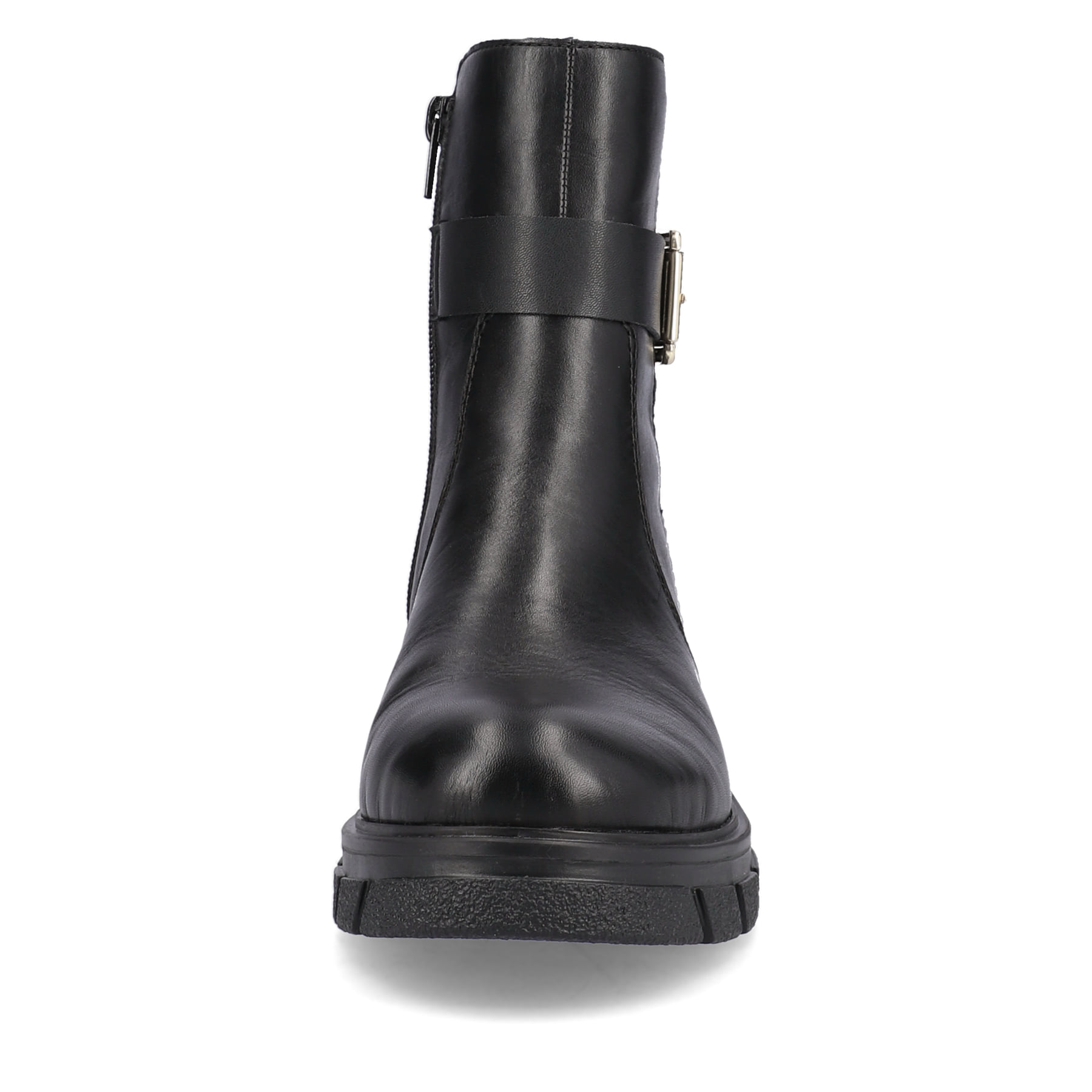 Schwarze Rieker Damen Kurzstiefel Z9174-00 mit Zierschnalle sowie Reißverschluss. Schuh von vorne.