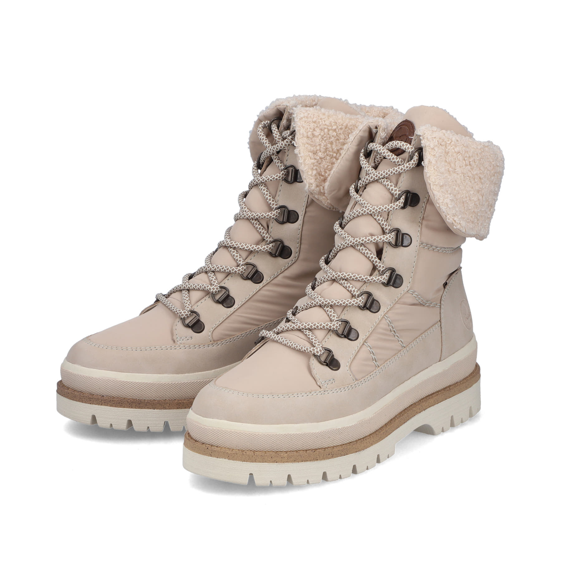 Beige Rieker Damen Schnürstiefel Y6200-62 mit wasserabweisender TEX-Membran. Schuhpaar seitlich schräg.