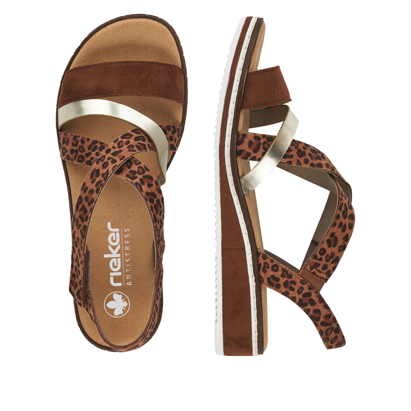 Braune Rieker Keilsandaletten V3663-24 mit Klettverschluss sowie leichter Sohle. Schuh von oben, liegend.