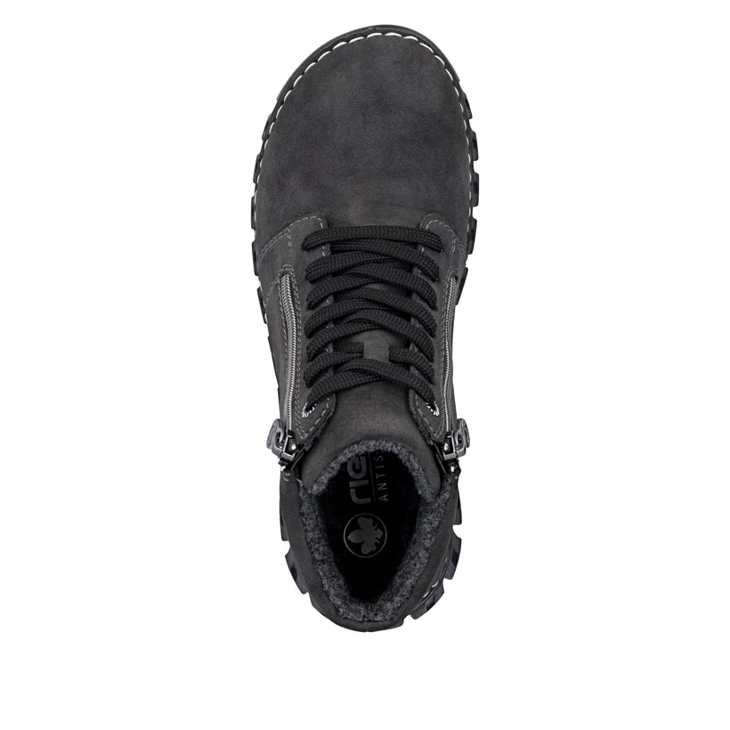 Dunkelgraue Rieker Damen Schnürstiefel 57502-45 mit einem Reißverschluss. Schuh von oben.