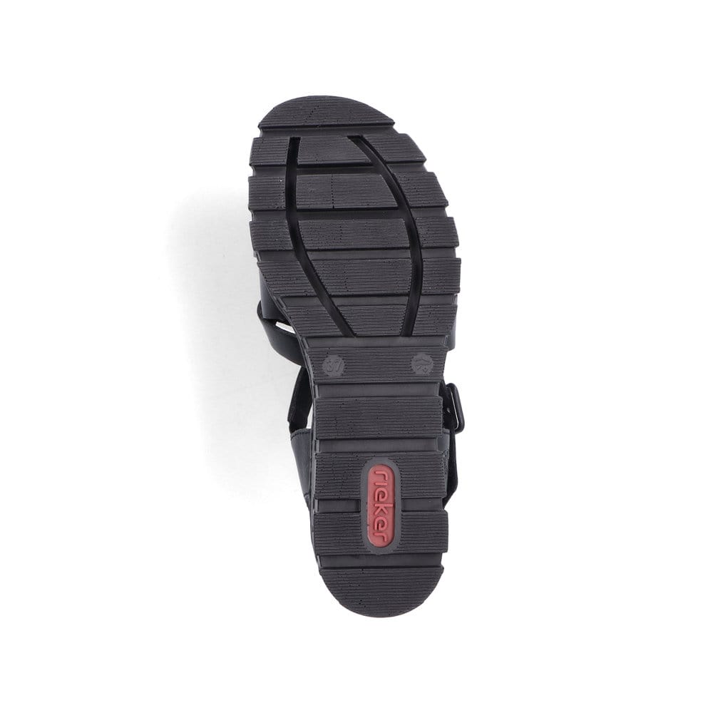 Schwarze Rieker Keilsandaletten 68063-00 mit trendiger Schnalle. Schuh Laufsohle.