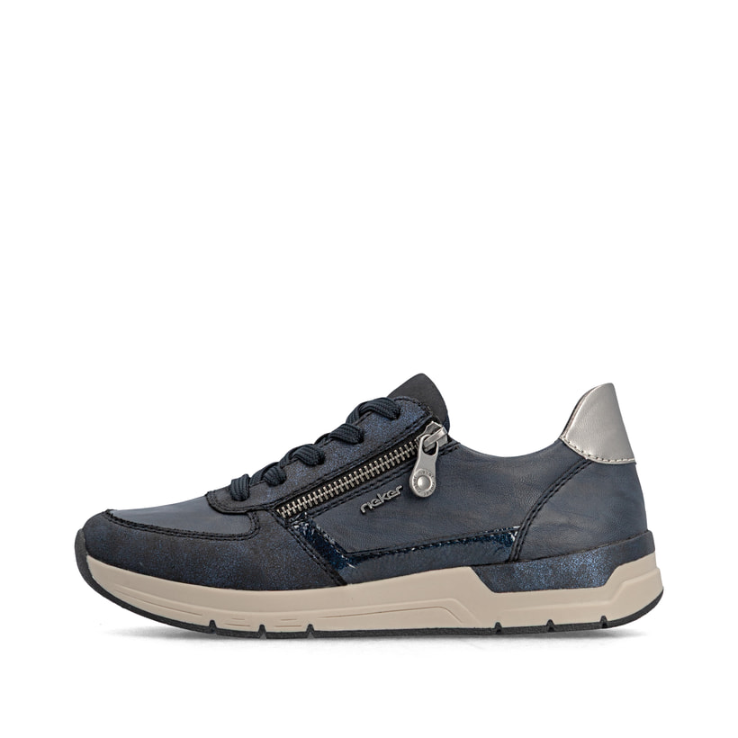 Baskets basses Rieker bleues pour femmes 58902-14 avec fermeture éclair. Côté extérieur de la chaussure.