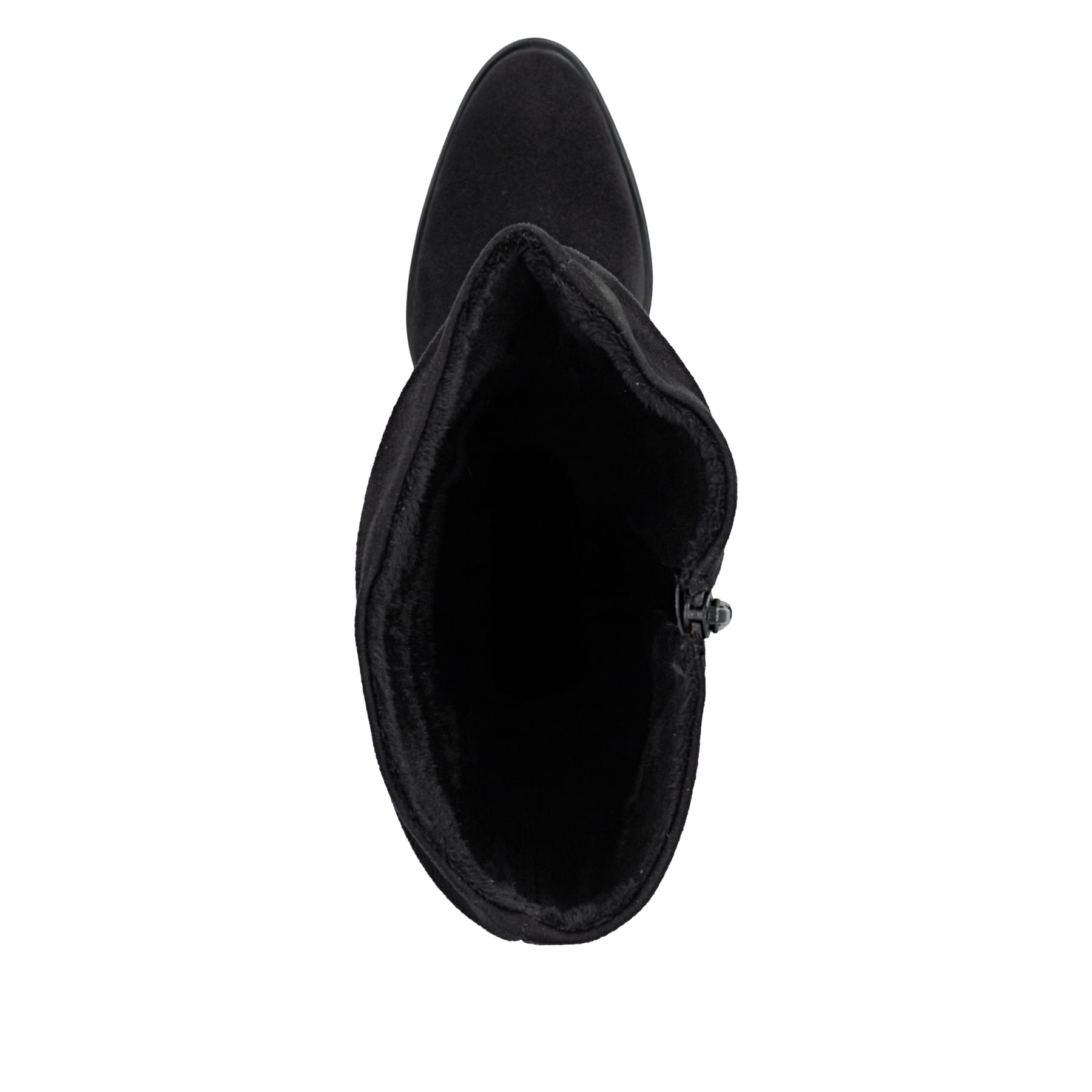 Schwarze Rieker Damen Hochschaftstiefel 74192-00 mit gerafftem Schaft. Schuh von oben.