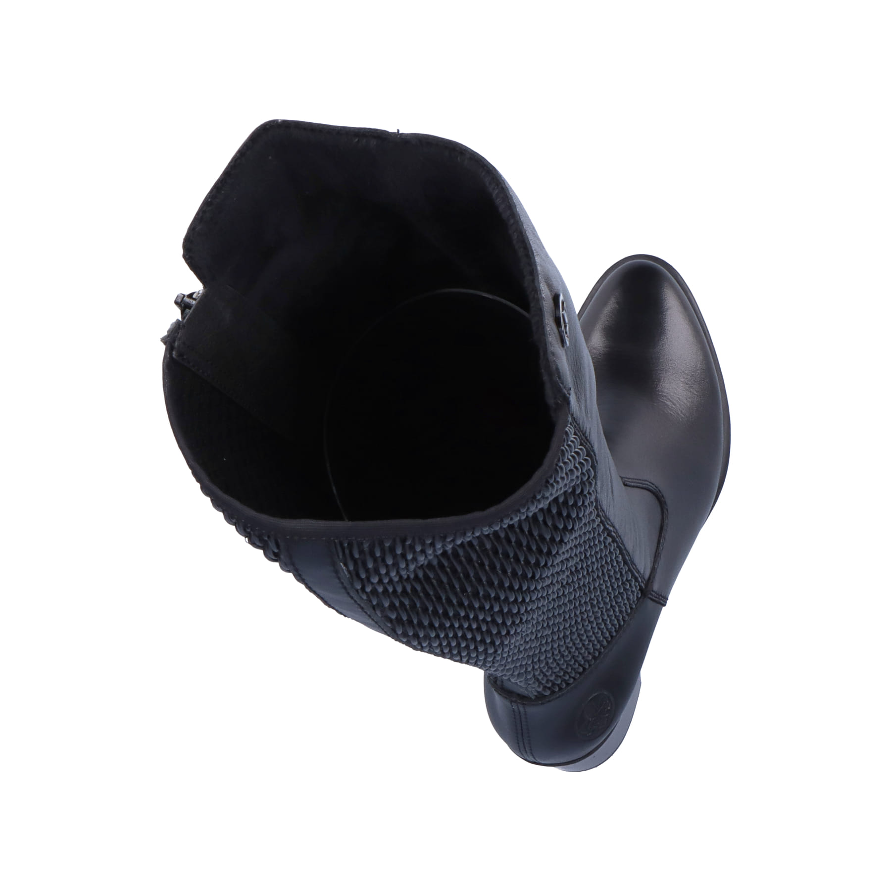 Schwarze Rieker Damen Hochschaftstiefel Y2050-00 aus Glattleder. Schuh von oben, liegend.