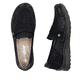 Mocassins Rieker noirs pour femmes 48968-00 avec bande élastique. Chaussure vue de dessus, couchée.