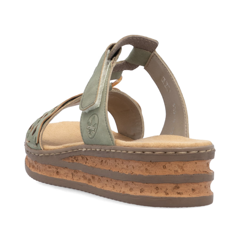 Grüne Rieker Damen Pantoletten 629K9-52 mit einem Klettverschluss. Schuh von hinten.