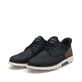 Blaue Rieker Herren Slipper B3357-14 mit Ready2GO Slip-in Feature sowie Gummizug. Schuhpaar seitlich schräg.