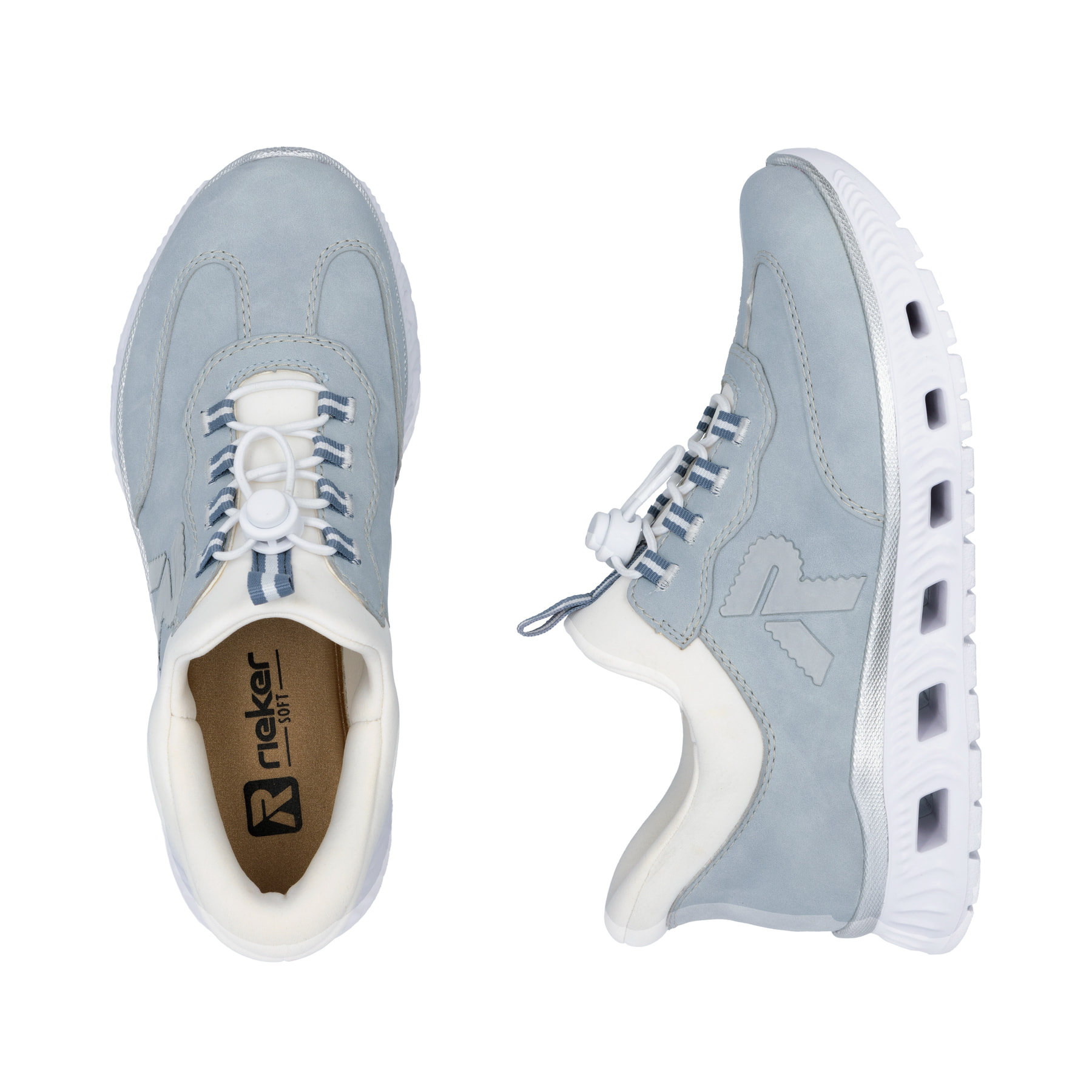 Baskets basses Rieker bleues pour femme M6071-12 avec bande élastique. Chaussure vue de dessus, couchée.