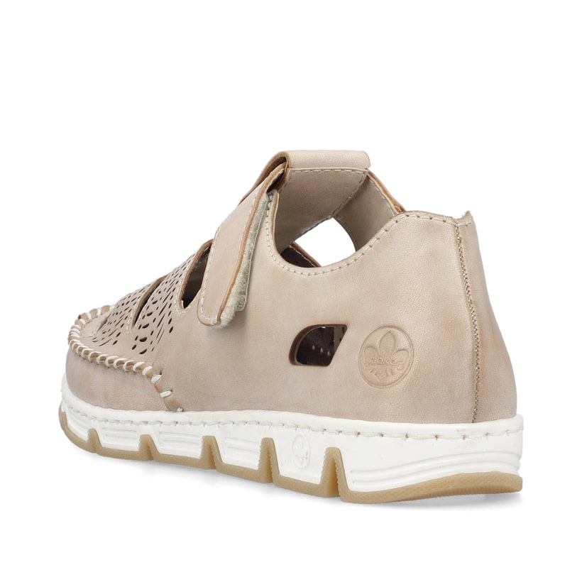 Beige Rieker Damen Slipper 49958-61 aus Glattleder, Barfußschuhe. Schuh von hinten.