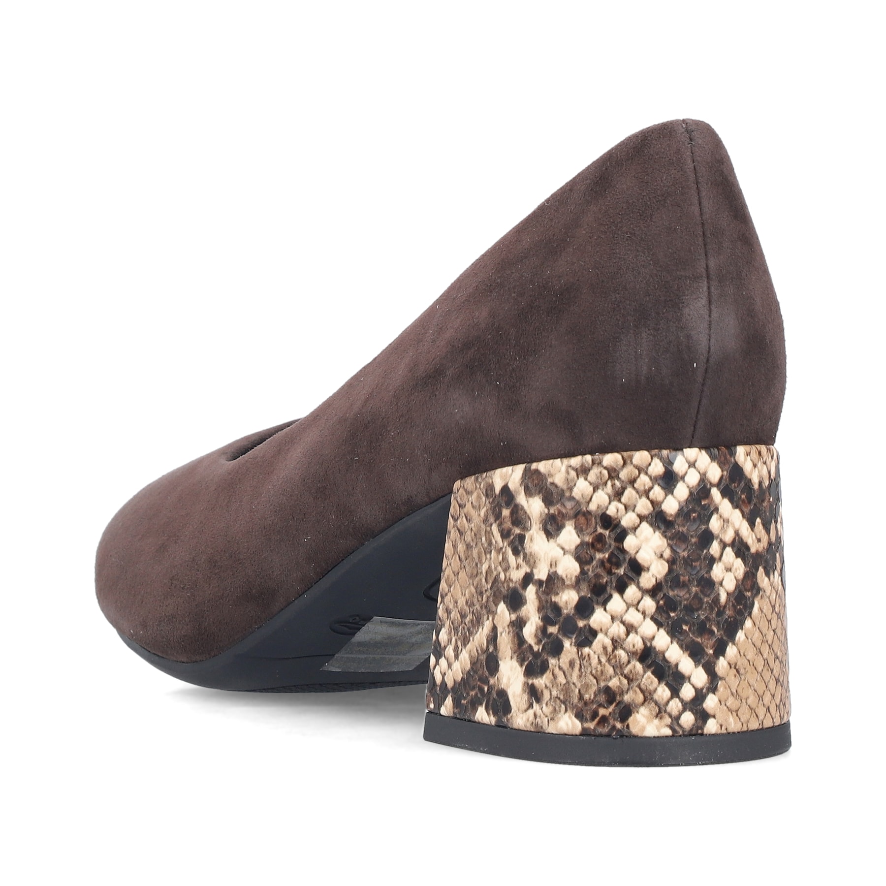 Braune Rieker Pumps 44750-25 aus Rauleder mit einer griffigen Sohle. Schuh von hinten.