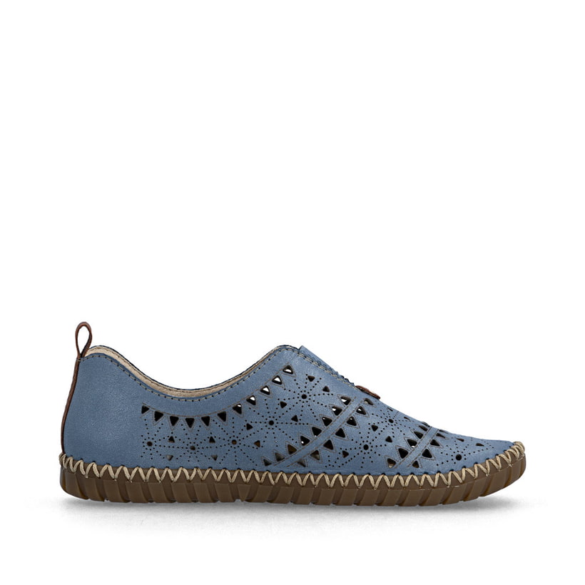 Blaue Rieker Damen Slipper M2852-12 aus Glattleder, Barfußschuhe. Schuh Innenseite.