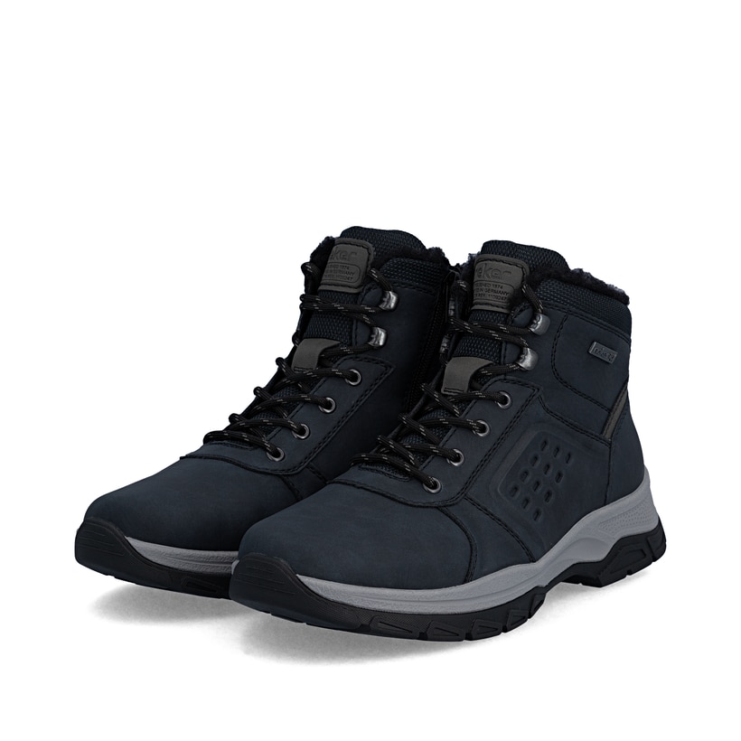 Dunkelblau-schwarze Rieker Herren Schnürstiefel 30201-14 mit Reißverschluss. Schuhpaar seitlich schräg.