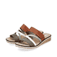 Mehrfarbige Rieker Damen Pantoletten V3652-91 mit einem Klettverschluss. Schuhpaar seitlich schräg.