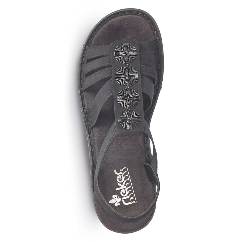 Sandales à lanières Rieker noires femme 60870-00 avec bande élastique. Chaussure vue de dessus.