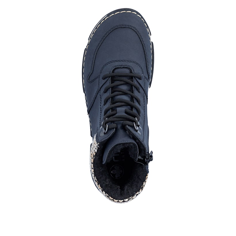 Dunkelblaue Rieker Damen Schnürstiefel 45955-15 mit Strick-Kragen. Schuh von oben.