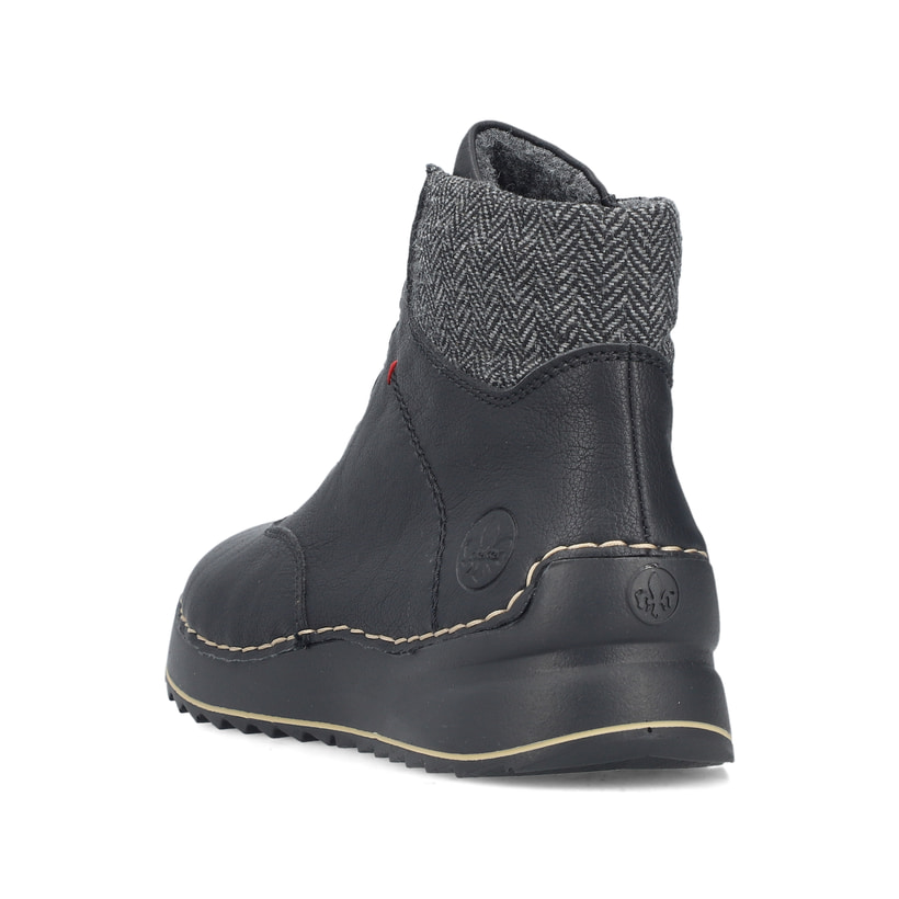 Schwarze Rieker Damen Schnürstiefel 51553-00 mit einem Reißverschluss. Schuh von oben.