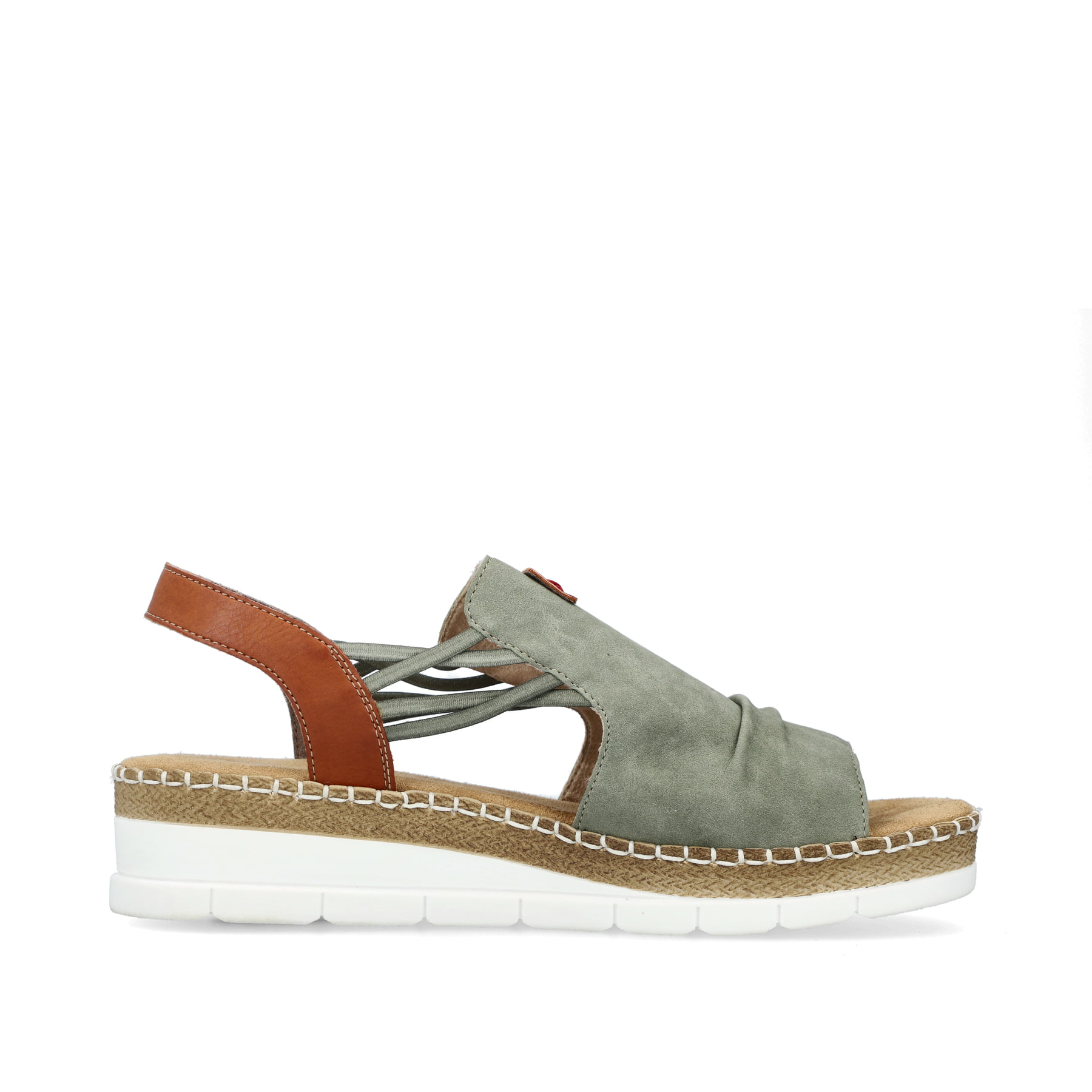 Grüne Rieker Keilsandaletten V1261-52 mit modischen Raffungen sowie Gummizug. Schuh Innenseite.