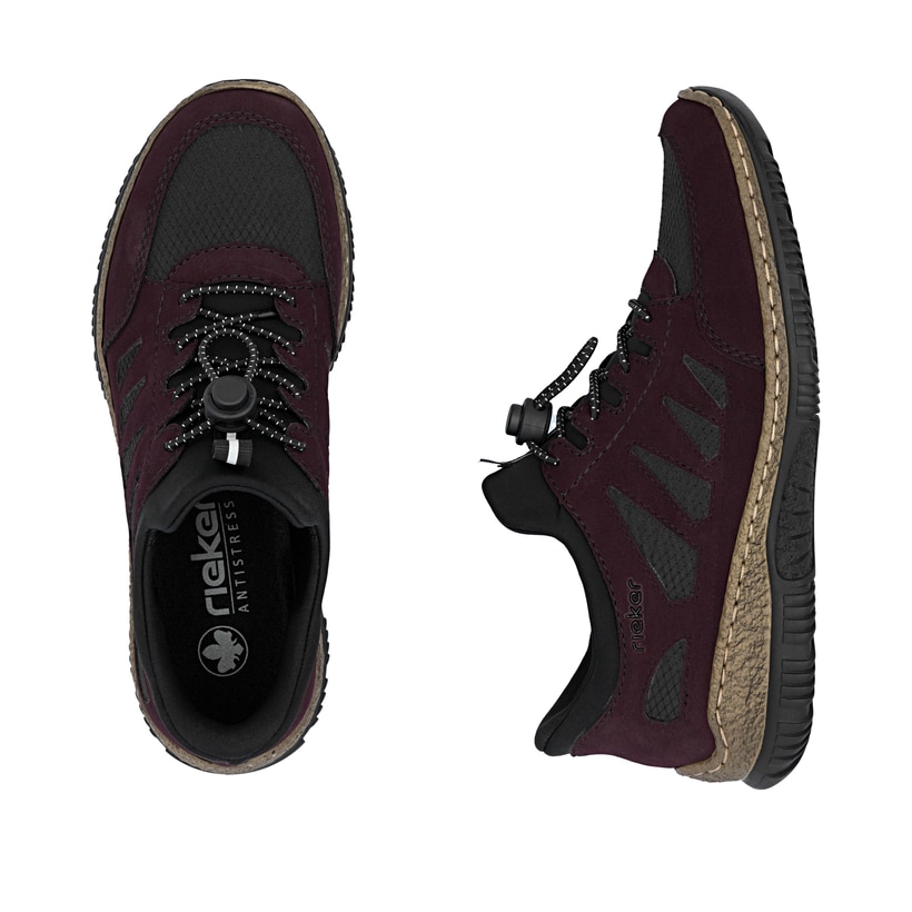 Rote Rieker Damen Slipper N32G8-30 mit Ready2GO easy in Funktion sowie Gummizug. Schuh von oben, liegend.