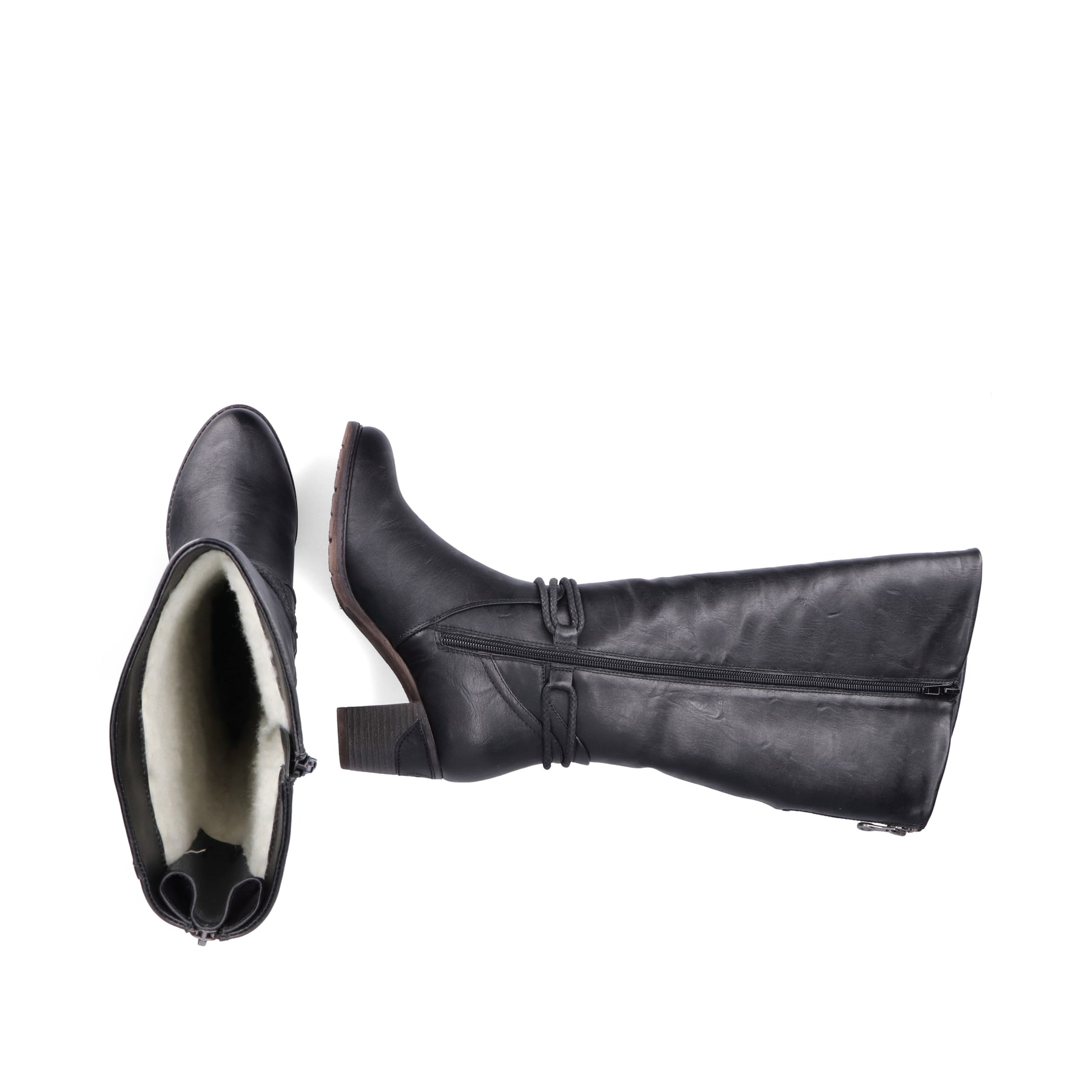 Schwarze Rieker Damen Hochschaftstiefel 96059-00 mit dekorativer Kordel. Schuh von oben, liegend.