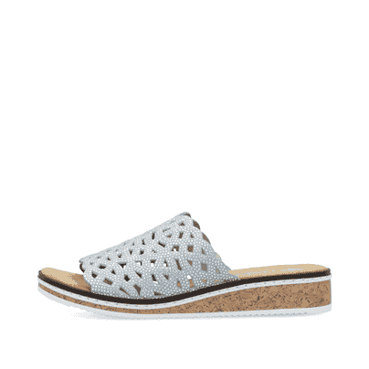 Blaue Rieker Damen Pantoletten V3693-10 mit Strasssteinen sowie leichter Sohle. Schuh Außenseite.