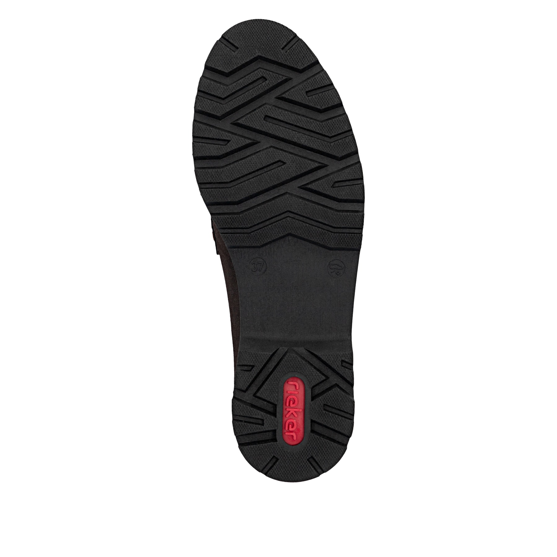 Dunkelbraune Rieker Damen Loafer 45553-25 mit Schmuckelementen sowie Gummizug. Schuh Laufsohle.