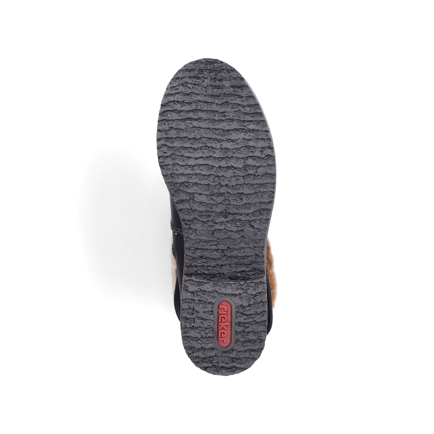 Schwarze Rieker Damen Hochschaftstiefel Z5054-00 mit flauschigem Schaftrand. Schuh Laufsohle.