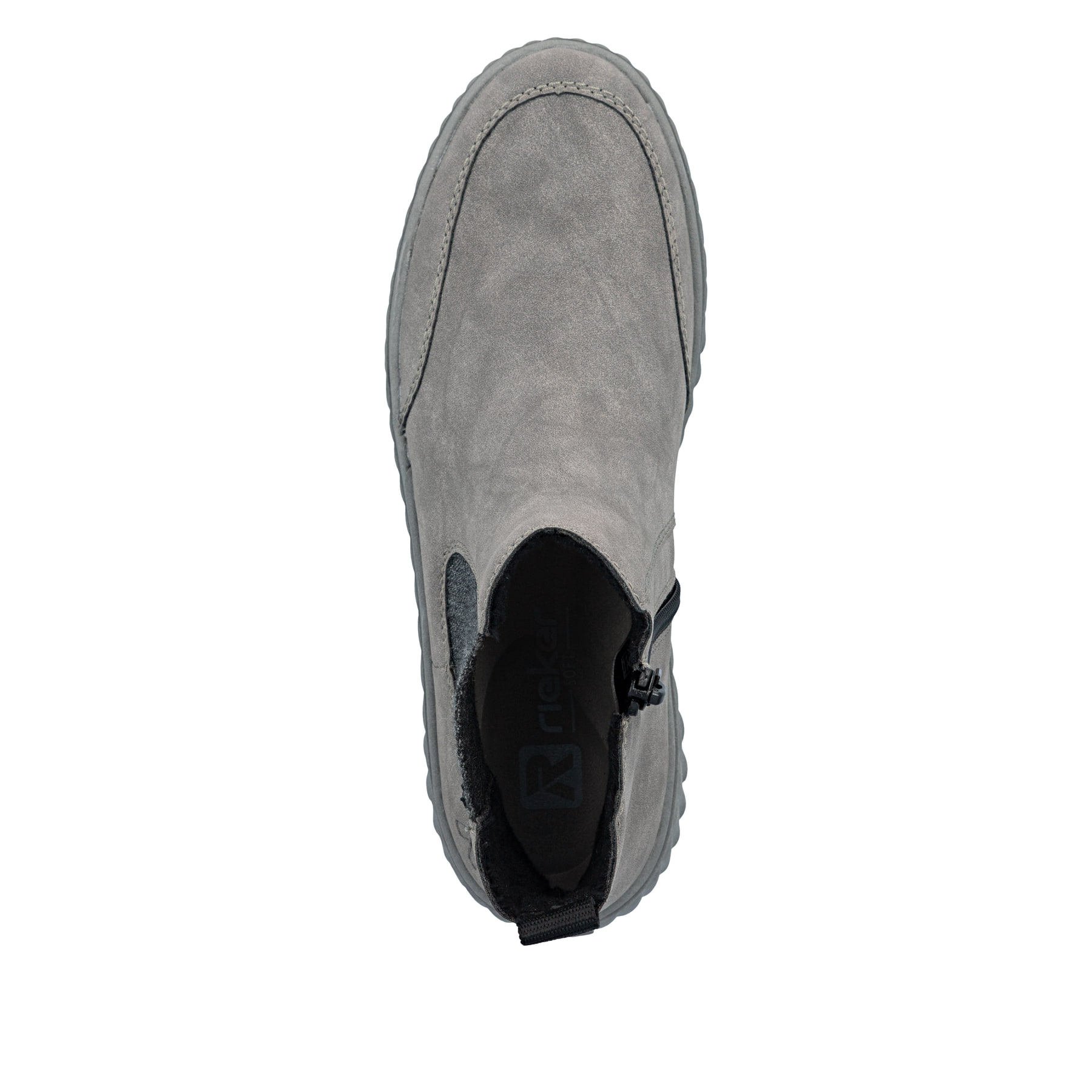 Chelsea Boots Rieker grises pour femme N2553-40 avec fermeture éclair. Semelle extérieure de la chaussure.