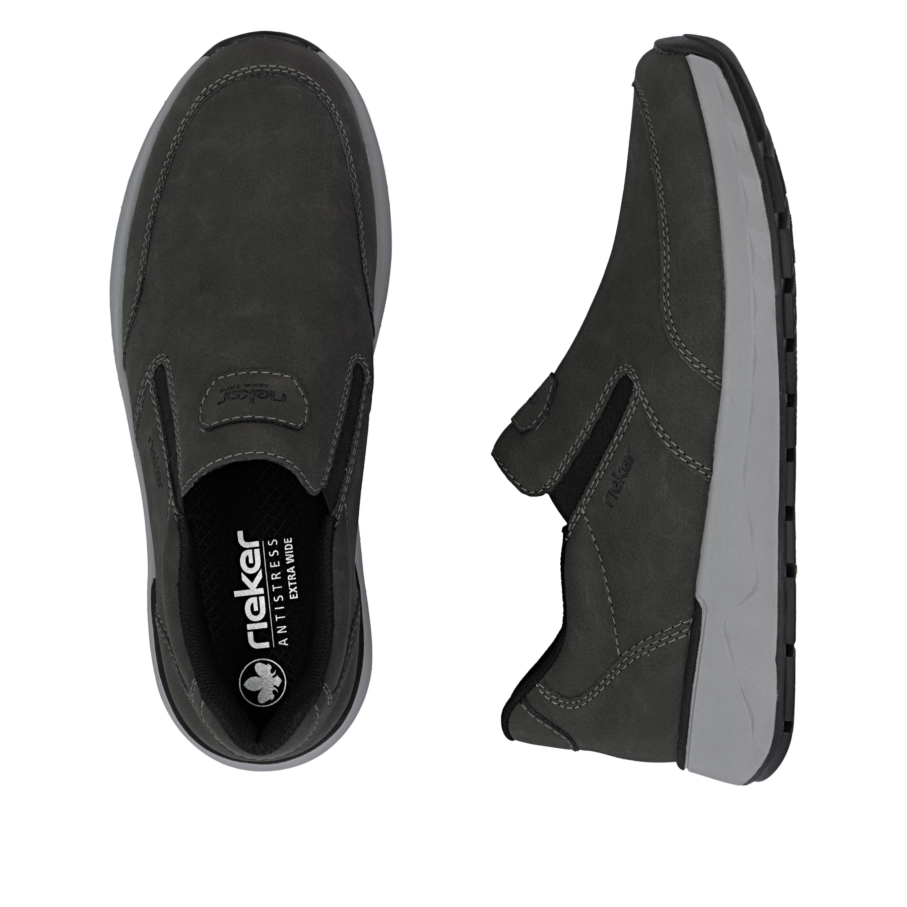 Mocassins Rieker gris pour homme 11550-45 avec bande élastique. Chaussure vue de dessus, couchée.