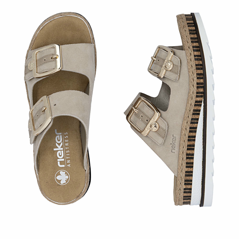 Beige Rieker Damen Pantoletten V7955-60 aus Rauleder mit trendiger Schnalle. Schuh von oben, liegend.