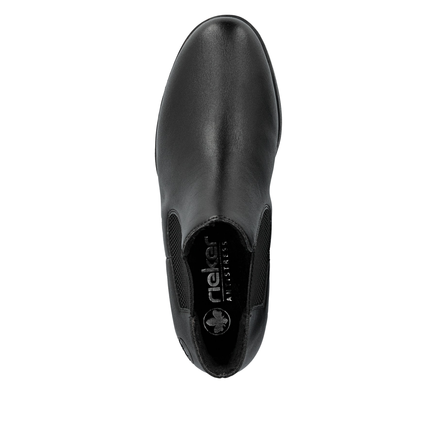 Schwarze Rieker Damen Chelsea Boots 77050-00 mit einem Gummizug. Schuh von oben.