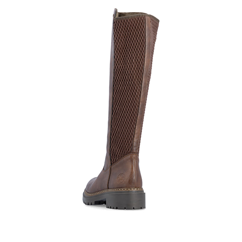 Braune Rieker Damen Hochschaftstiefel 72657-22 mit einem Reißverschluss. Schuh von hinten.