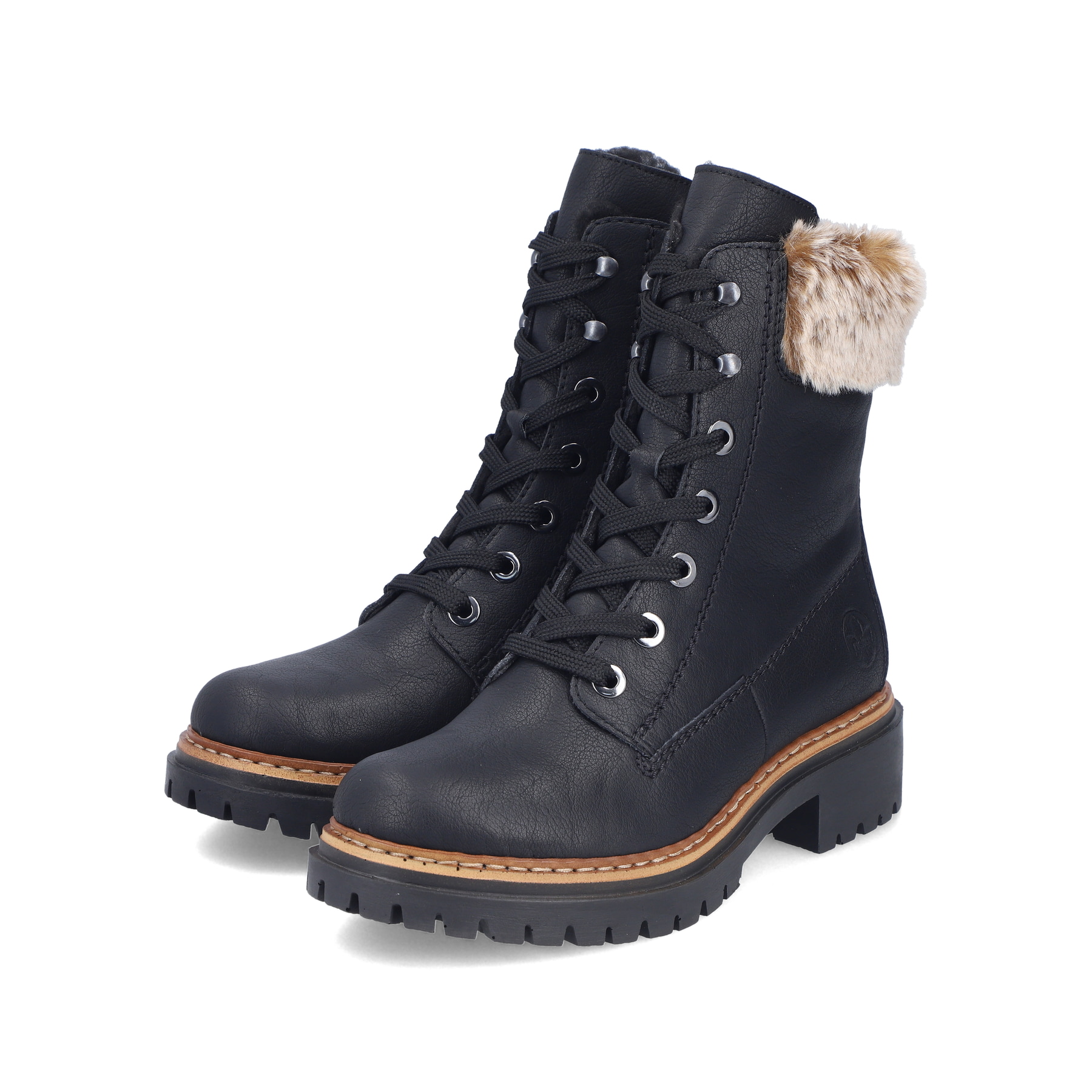 Tiefschwarze Rieker Damen Schnürstiefel 72630-00 mit Schnürung und Reißverschluss. Schuhpaar schräg.