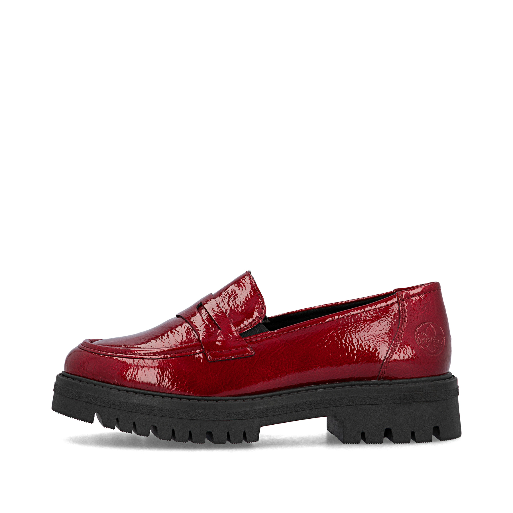 Hellrote Rieker Damen Loafer 47550-33 mit Gummizug sowie extra weicher Decksohle. Schuh Außenseite.