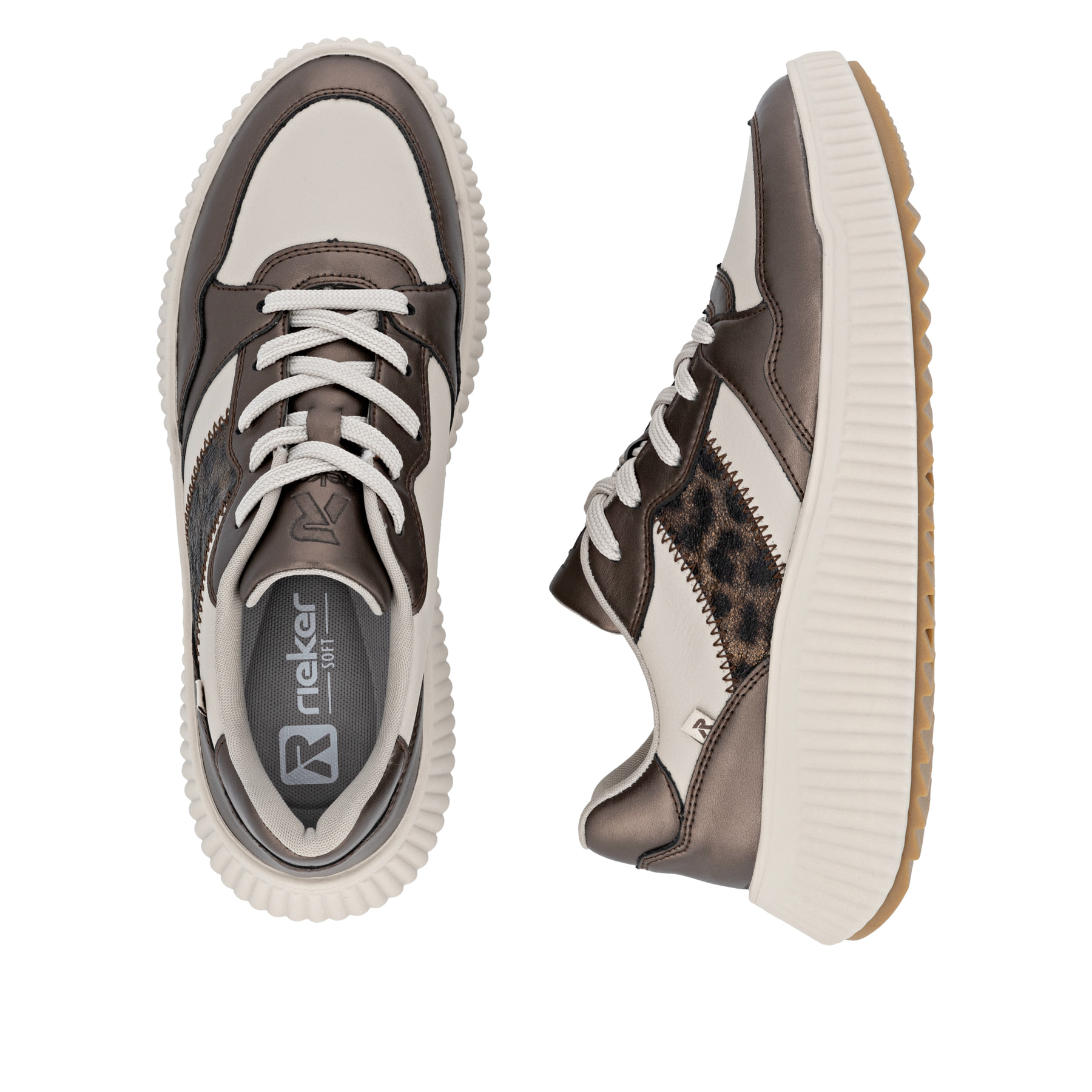 Beige Rieker Damen Sneaker Low W1702-60 aus Glattleder mit Leo-Print. Schuh von oben, liegend.