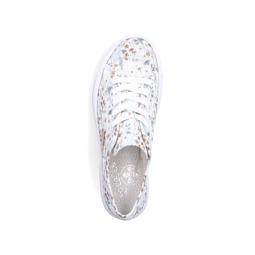 Weiße Rieker Damen Sneaker Low L8843-90 mit Schnürung sowie floralem Muster. Schuh von oben.