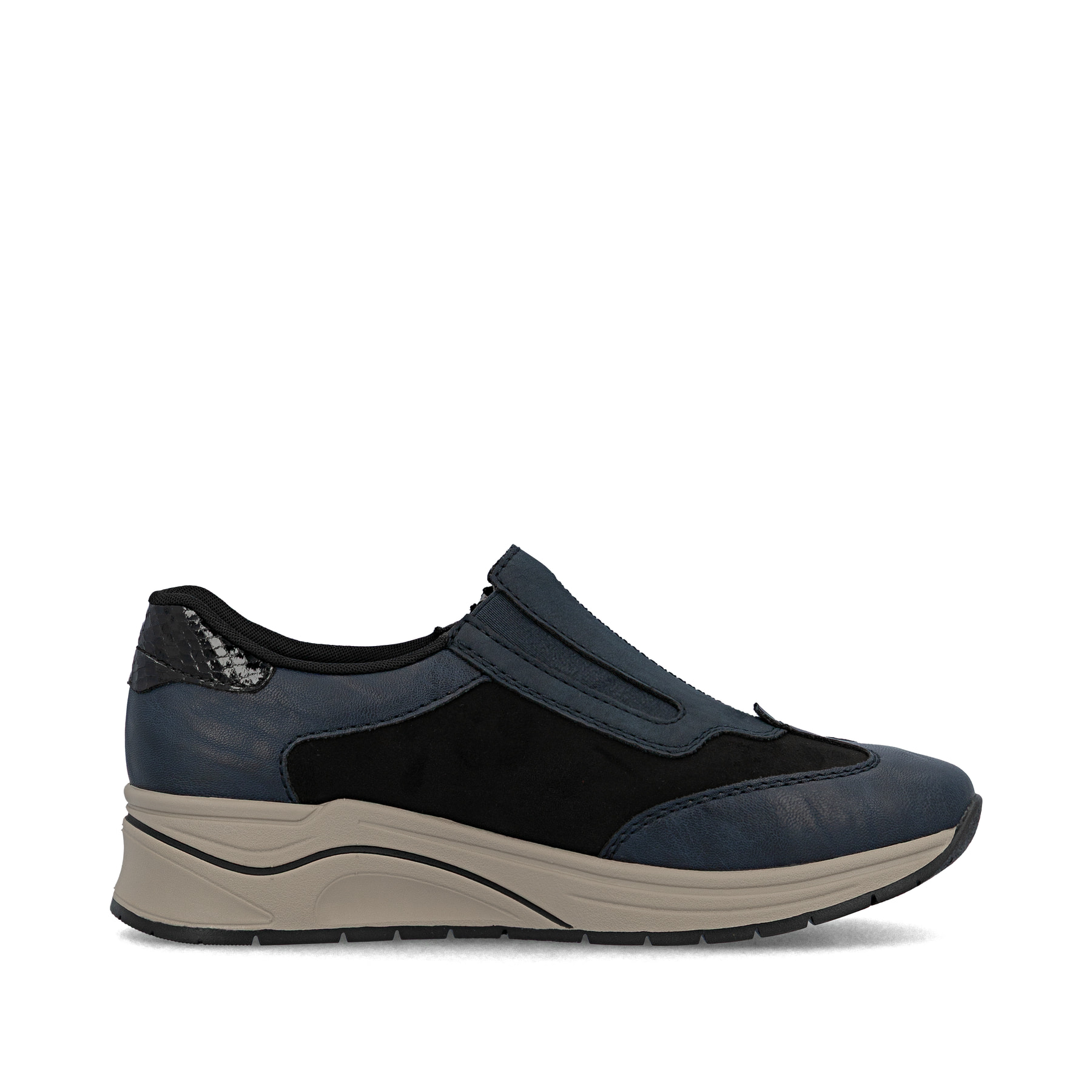 Mocassins Rieker bleus pour femme N9552-14 avec fermeture éclair. Intérieur de la chaussure.