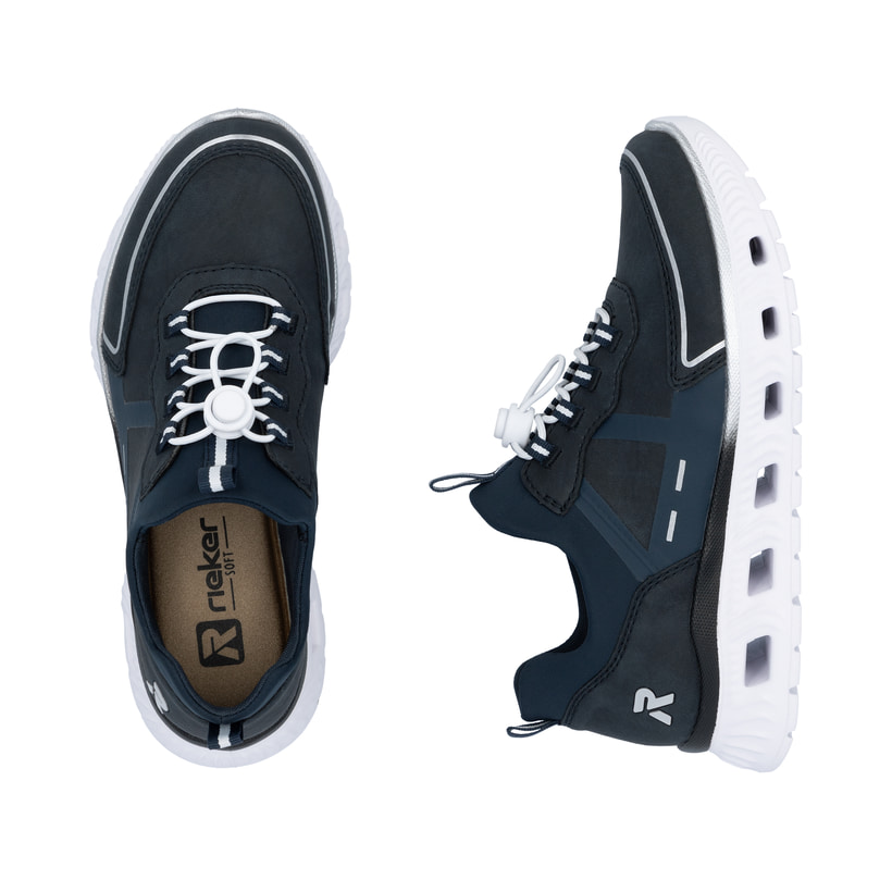Baskets basses Rieker bleues végétaliennes pour femme M6062-14. Chaussure vue de dessus, couchée.
