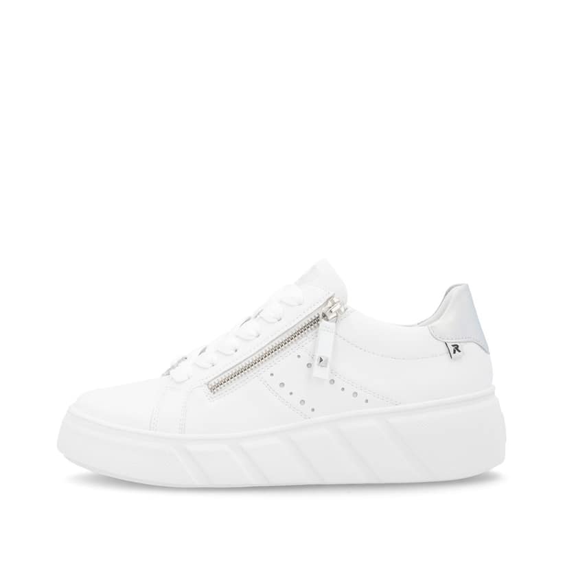 Baskets basses Rieker blanches pour femme W2605-80 avec fermeture éclair. Côté extérieur de la chaussure.