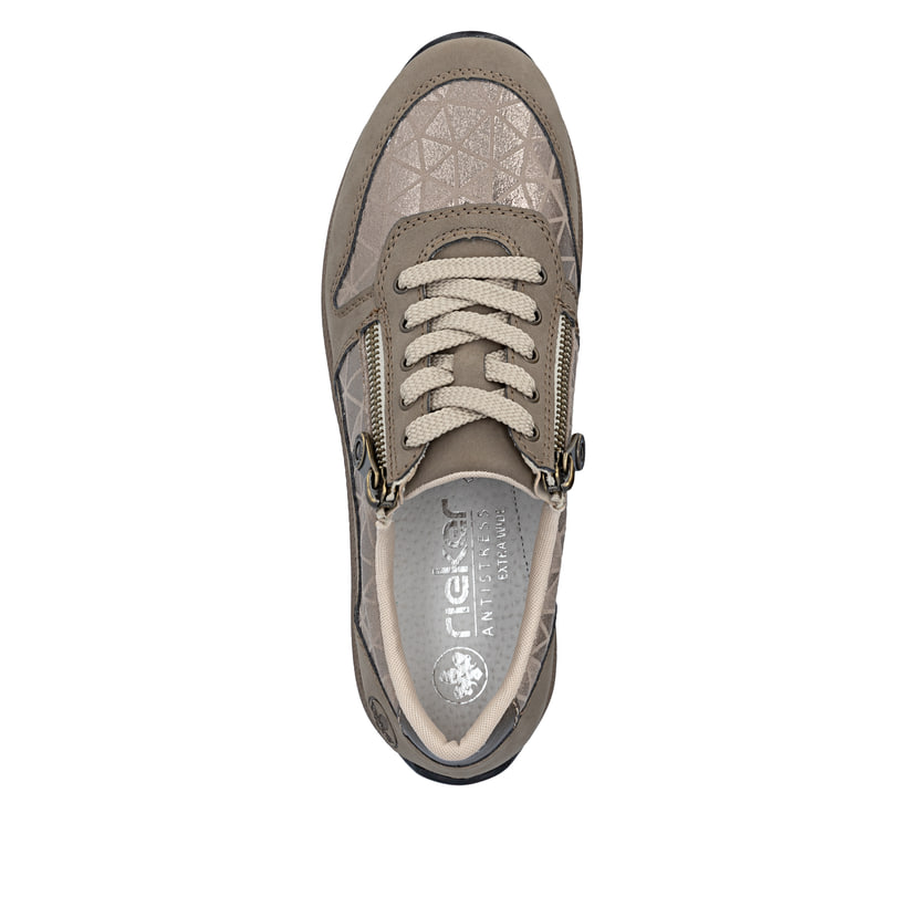 Baskets basses Rieker beiges pour femme N1100-62 avec fermeture éclair. Semelle extérieure de la chaussure.
