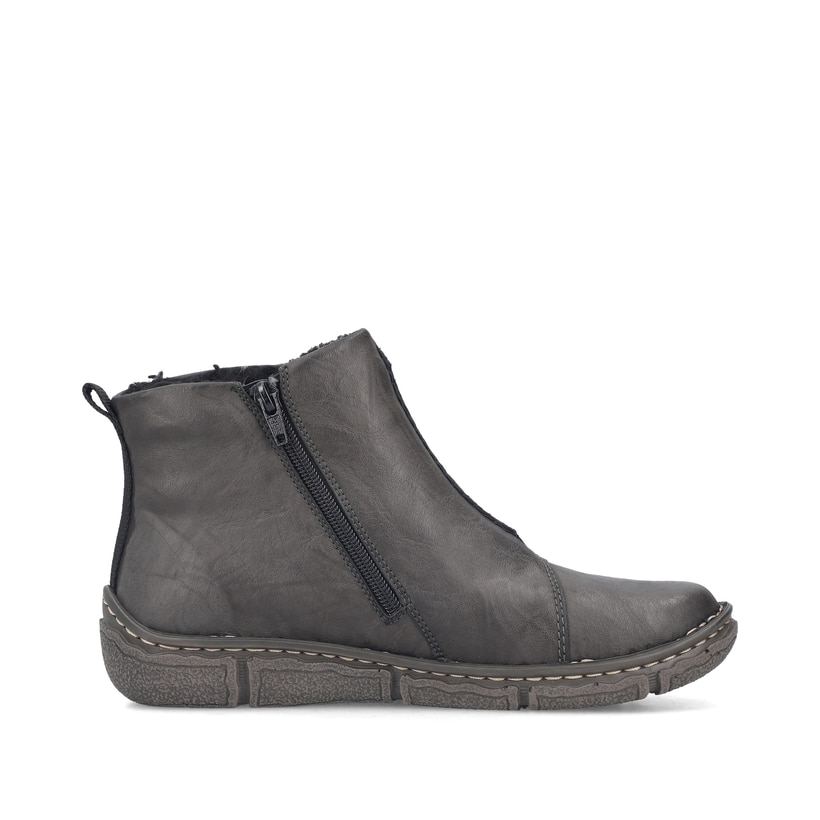 Dunkelgraue Rieker Damen Kurzstiefel Z3782-45 mit einem Reißverschluss. Schuh Innenseite.