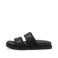 Schwarze vegane Rieker Damen Pantoletten W1451-01 mit einer ultraleichten Sohle. Schuh Außenseite.