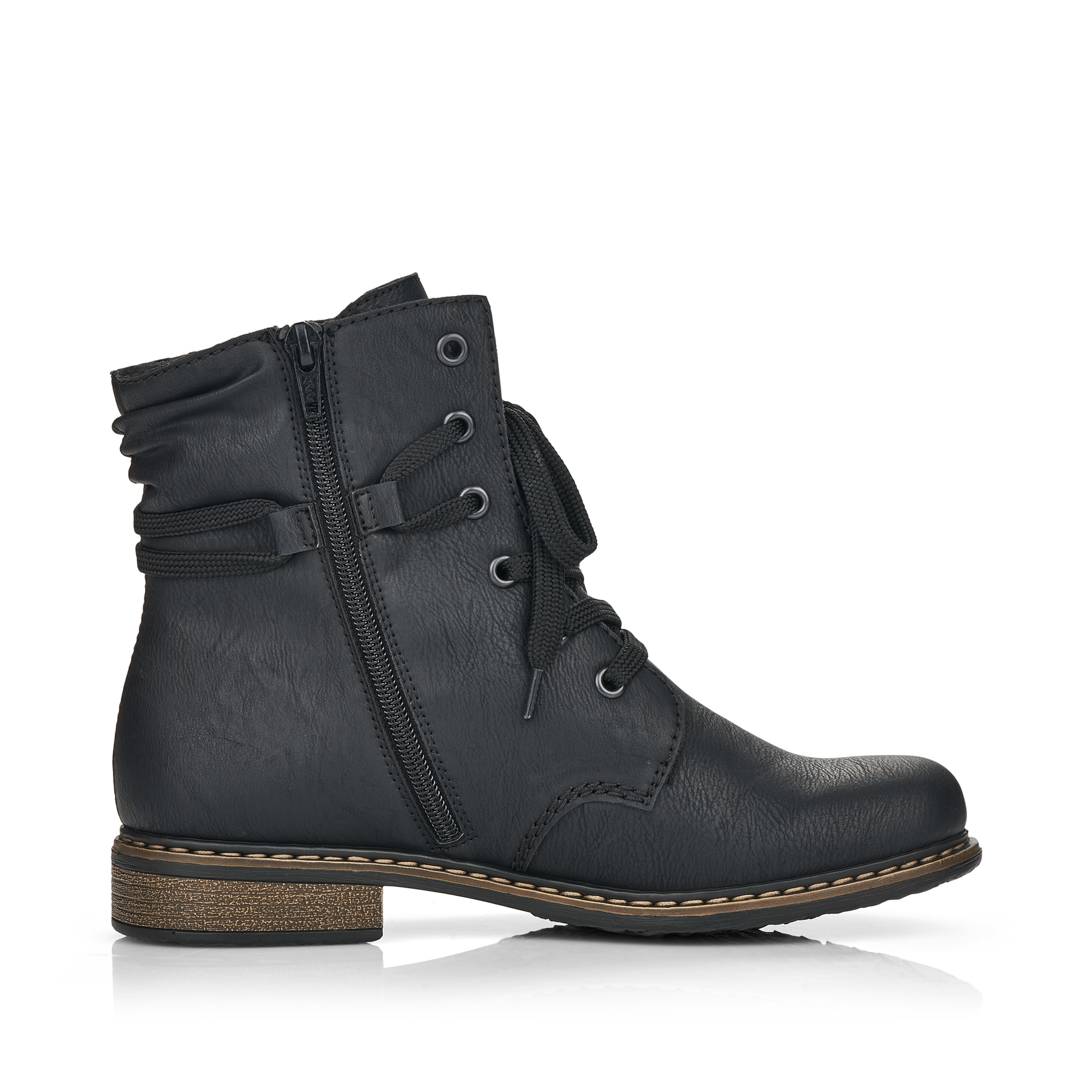 Schwarze Rieker Damen Schnürstiefel 71229-02 mit einem Reißverschluss. Schuh Innenseite.