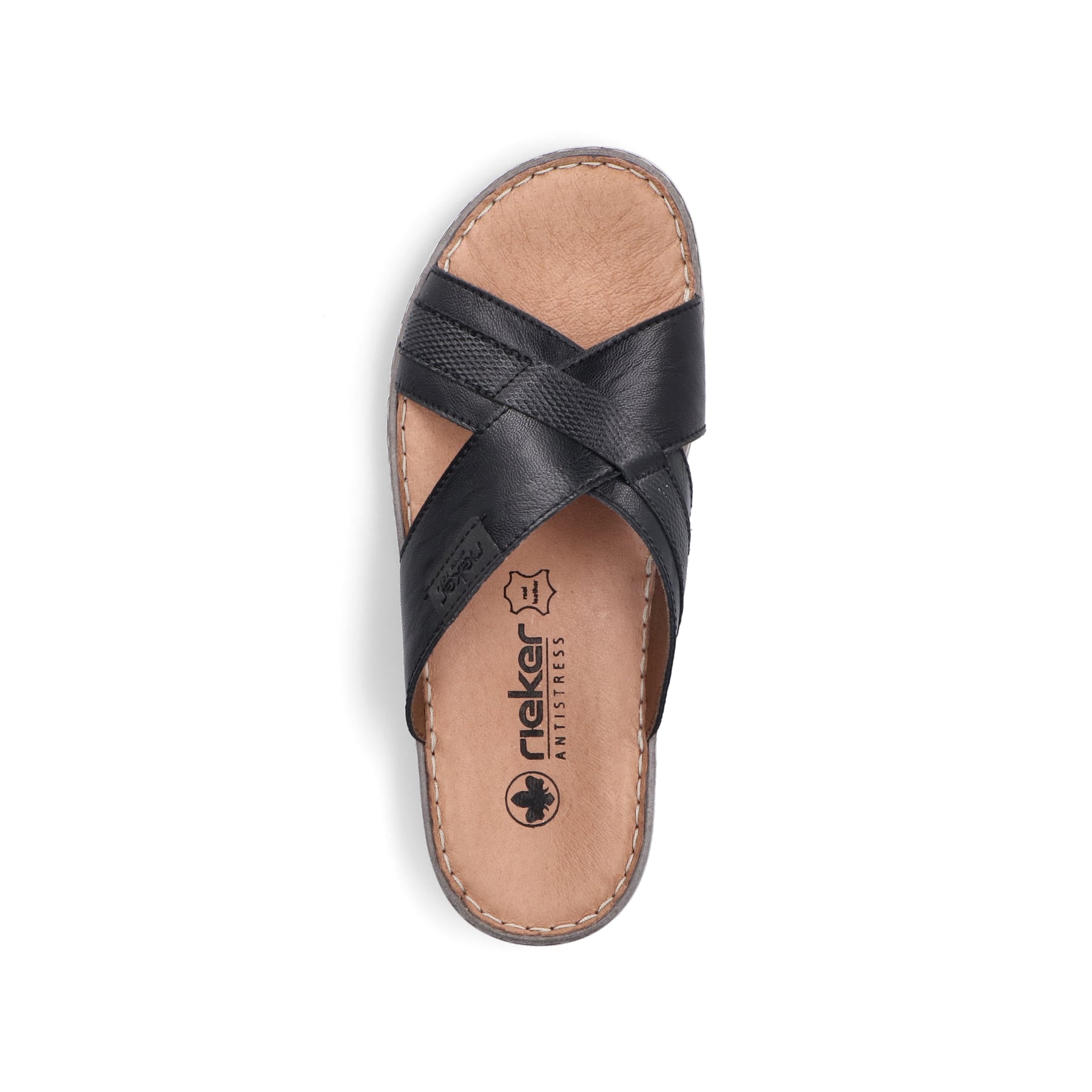 Schwarze Rieker Herren Pantoletten 21082-00 mit der Komfortweite G. Schuh von oben.