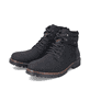 
Asphaltschwarze Rieker Herren Schnürstiefel F3611-00 mit Schnürung und Reißverschluss. Schuhpaar schräg.