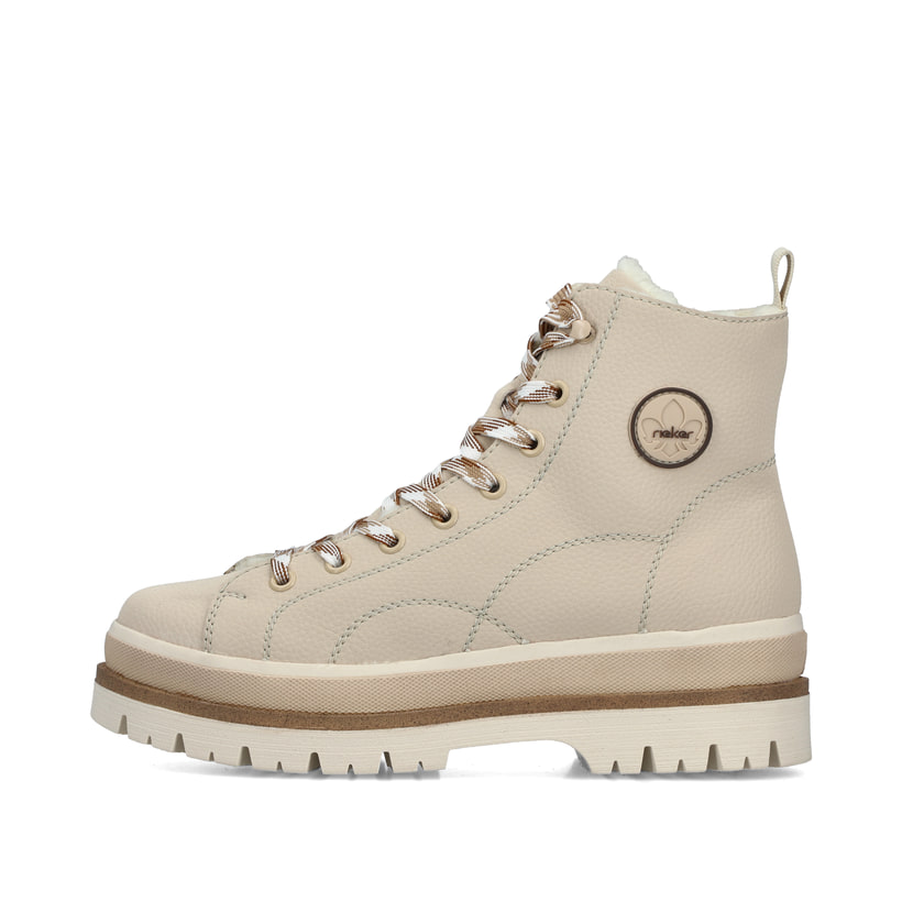 Hellbeige Rieker Damen Schnürstiefel Y6220-60 mit einem Reißverschluss. Schuh Außenseite.