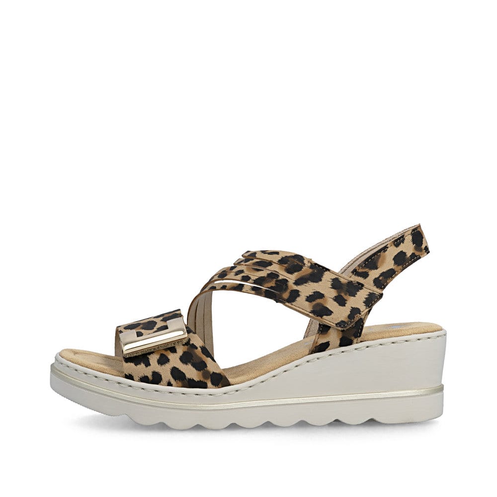 Mehrfarbige Rieker Keilsandaletten 67410-90 mit angesagtem Animal-Print. Schuh Außenseite.