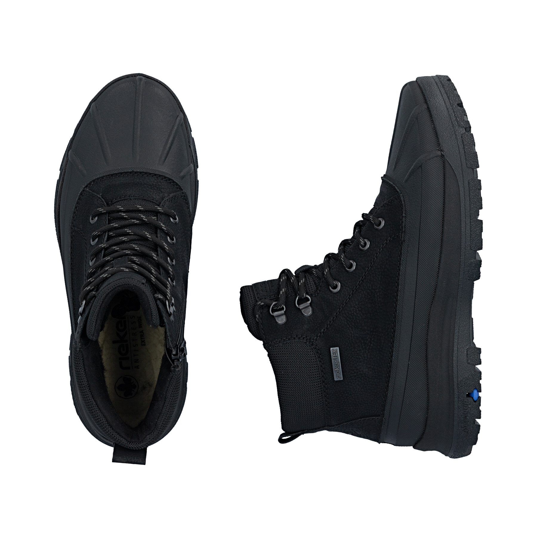 Schwarze Rieker Herren Schnürstiefel 30302-00 mit dem umdrehbaren Glacier Grip. Schuh von oben, liegend.