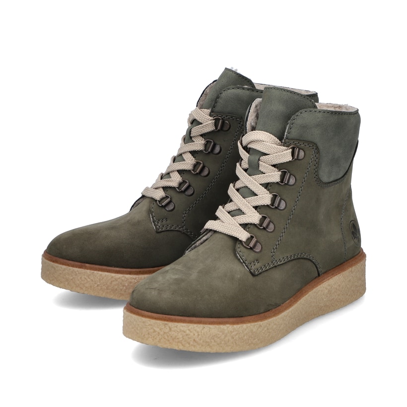 Schilfgrüne Rieker Damen Schnürstiefel Y0033-54 mit einem Reißverschluss. Schuhpaar seitlich schräg.
